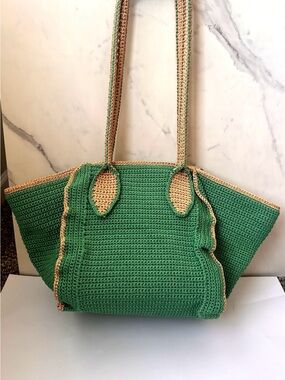 Handmade Crochet Petal Tote Bag | 100% Cotton | Sage Green + Beige | Lined | New
